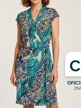 cleo Teal and Blue Printed Wrap-Style Midi Dress